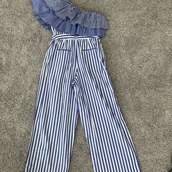 J. Crew One Shoulder Ruffle Jumpsuit Blue White Stripe 100% Cotton Size US 4 - Picture 16 of 16